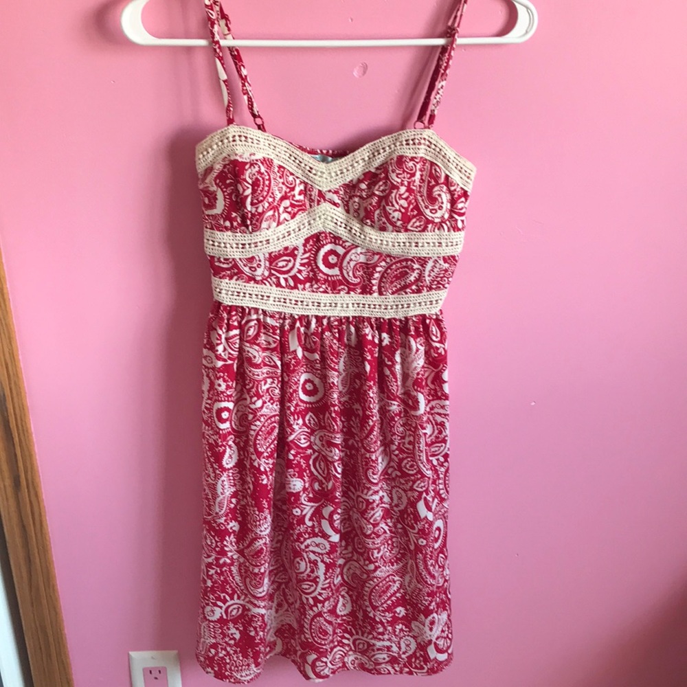 Red and white patterned dress